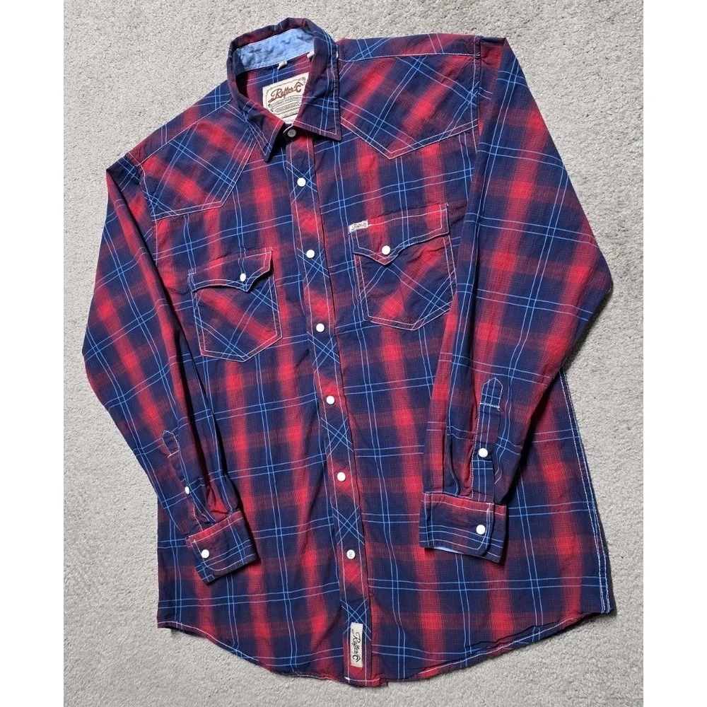 Rafter C Shirt Red Pro-Flex Performance Pearl Snap Western Mens L Blue Red Plaid - Picture 12 of 16